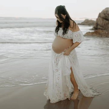 MQTIME  -   Maternity Dress Photoshoot Hollow Lace Elegant Pregnancy Gown for Baby Shower Pregnancy Photos Elastic Waist Two-Piece